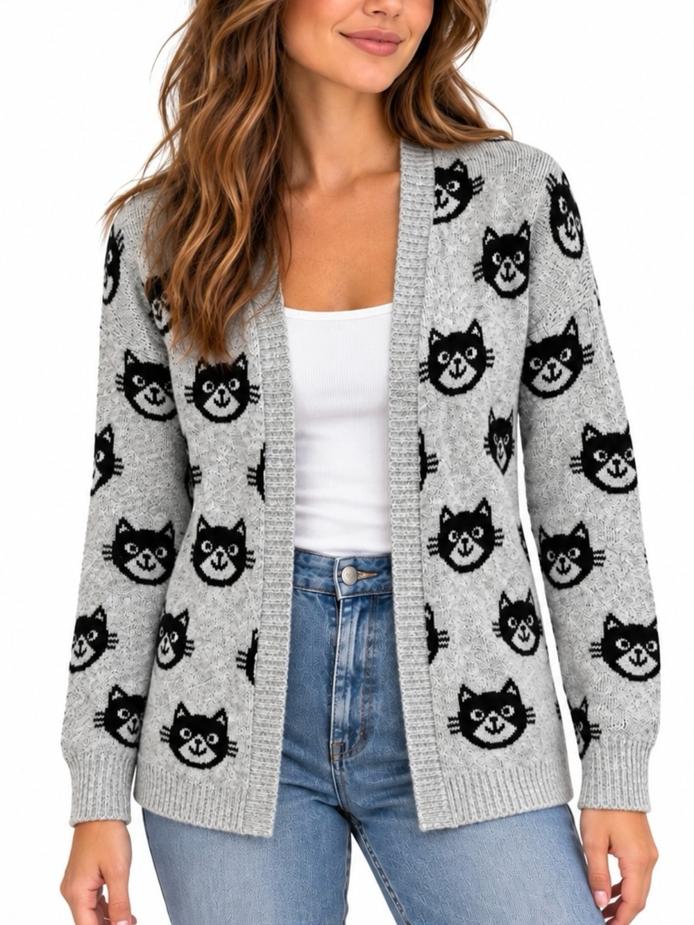 No Boundaries Cat Kitty Print Knit Open Front Cardigan Sweater Gray Black M